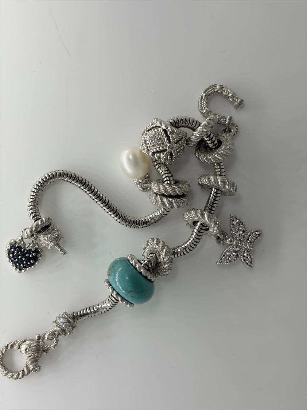 Tiffany & Co. Charm Bracelet Signature Turquoise Glass Bead Butterfly Charms etc